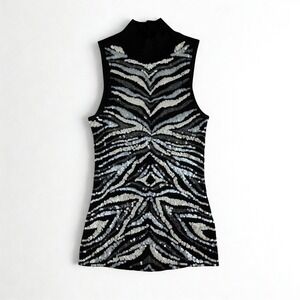 VTG Cache Sequin Tank Top Womens M Black Zebra Print Metallic Mock Neck Y2K Glam